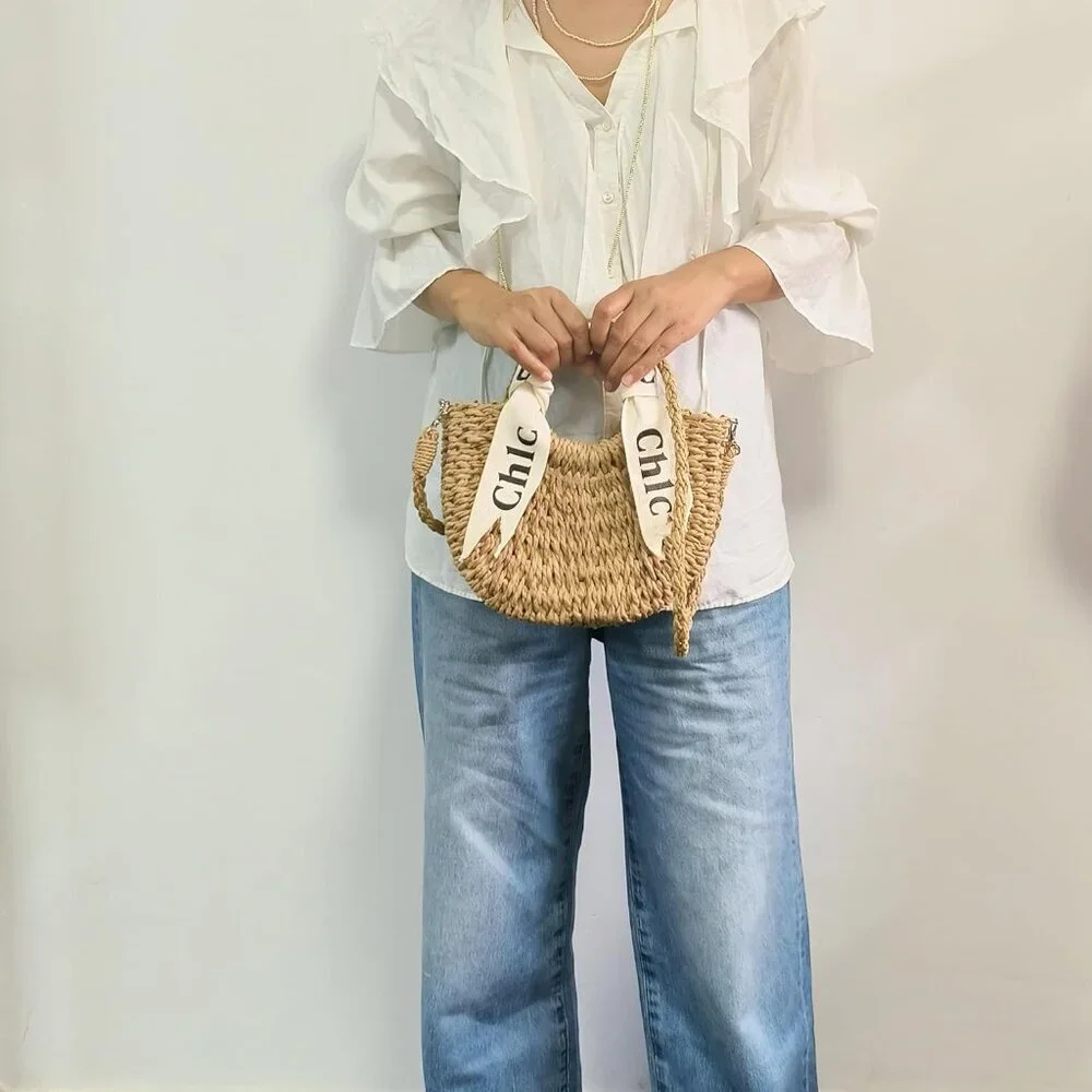 Women's Straw Shoulder Handbag Woven Tote Purse Summer Beach Bag Off White - Picture 7 of 9